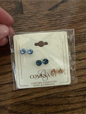 3-Pair Crystal Stud Earring Set - Light Blue, Teal, Champagne